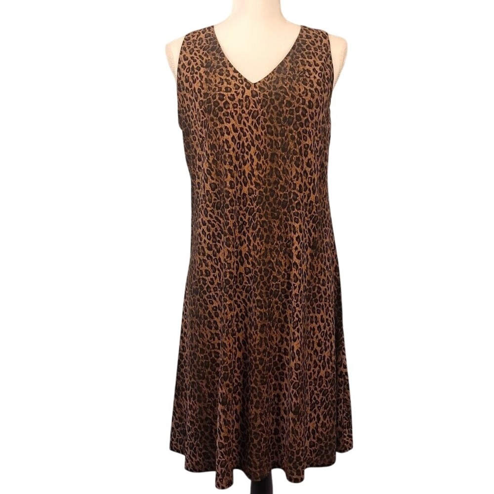 ANNE KLEIN 14 Sleeveless Leopard Print‎ Shift Dress V Neck A-Line Animal Print